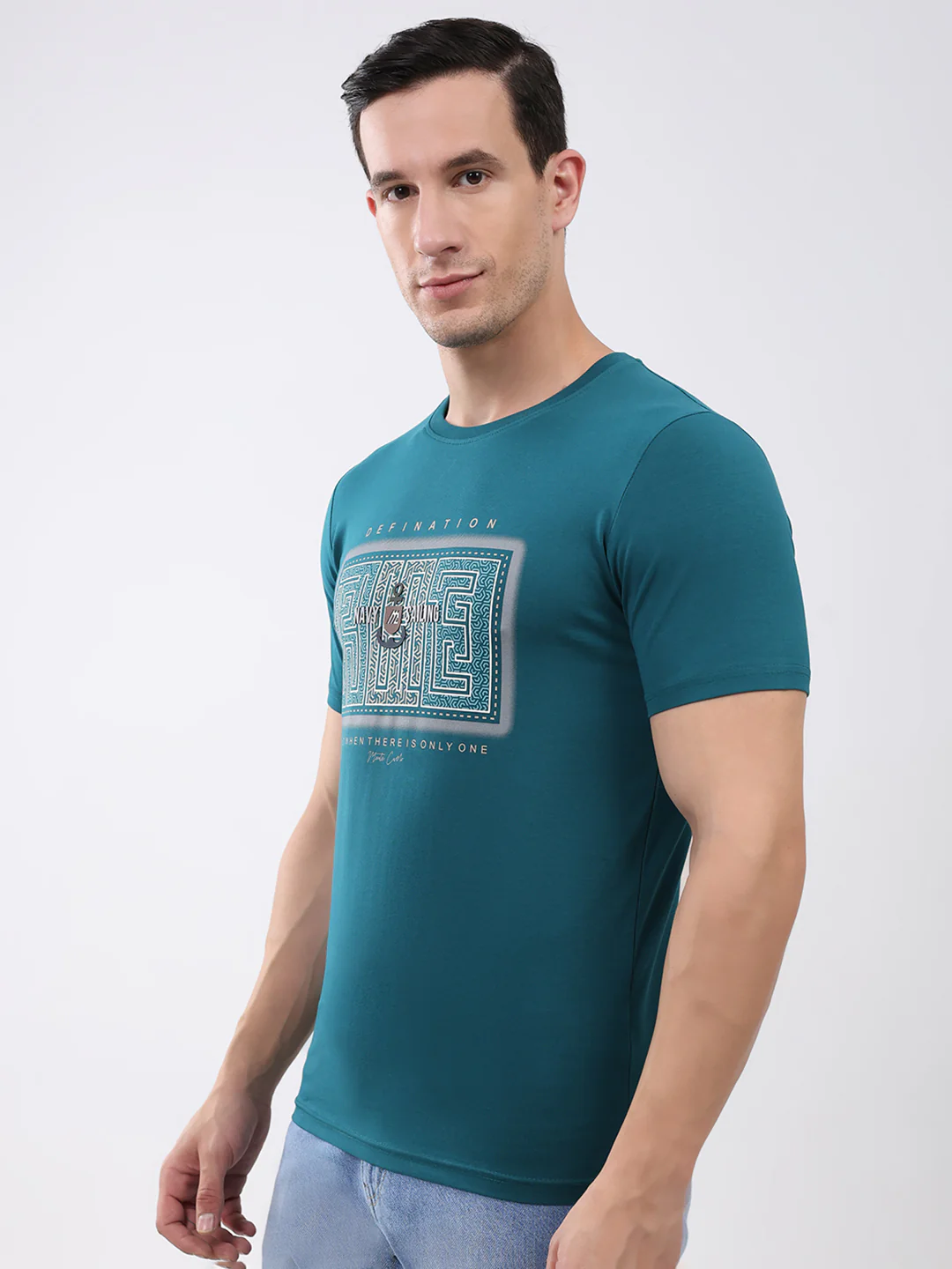 Men Teal Blue Printed Round Neck Half Sleeve T-Shirt - Image 3