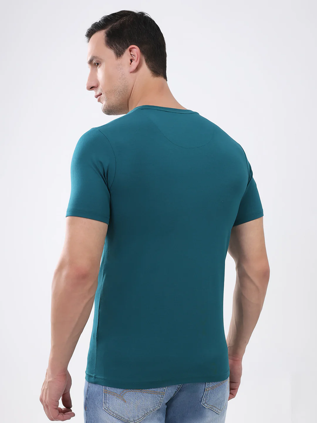 Men Teal Blue Printed Round Neck Half Sleeve T-Shirt - Image 5