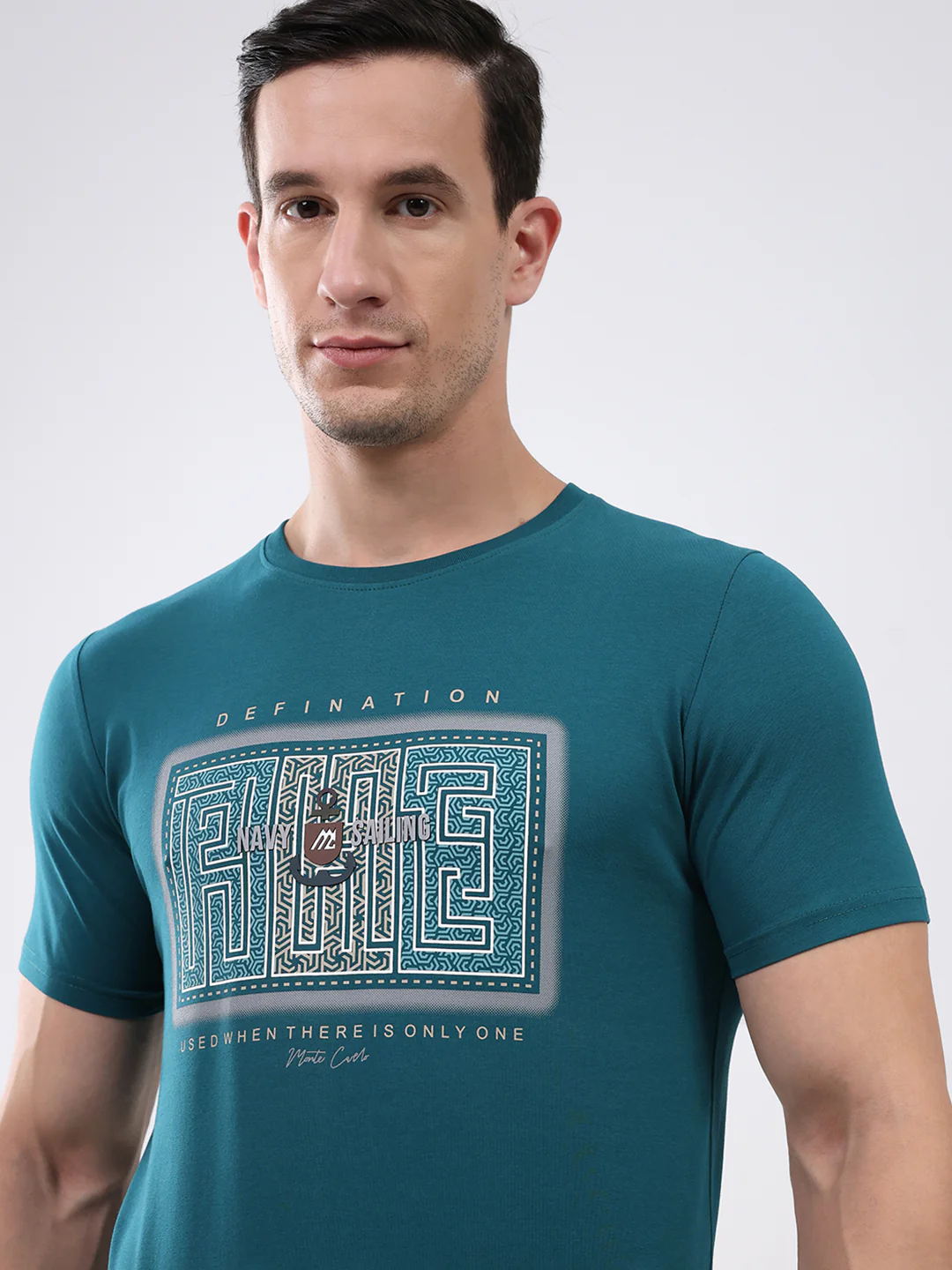 Men Teal Blue Printed Round Neck Half Sleeve T-Shirt - Image 7