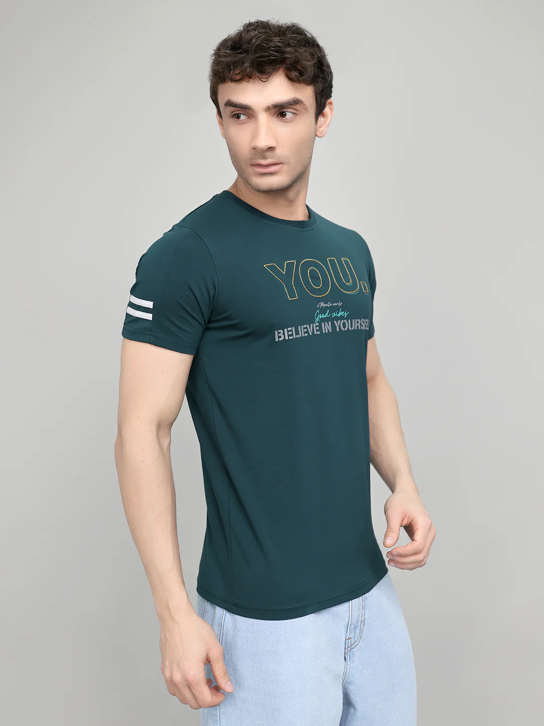 Men Teal Blue Printed Round Neck Half Sleeve T-Shirt - Image 3