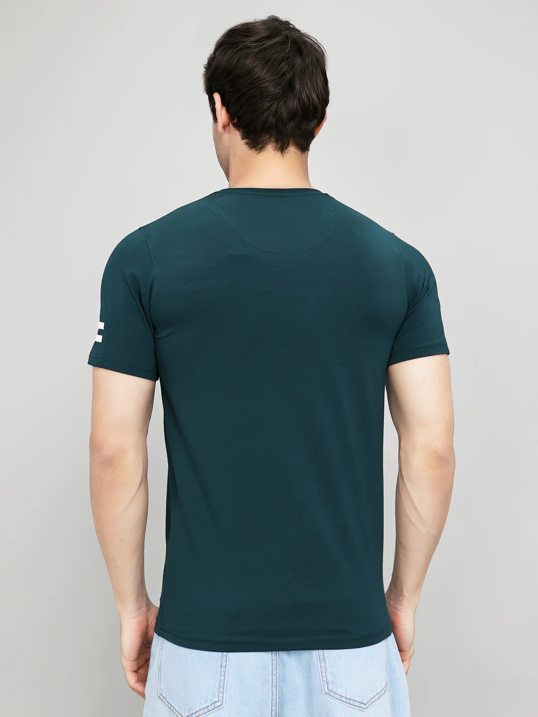 Men Teal Blue Printed Round Neck Half Sleeve T-Shirt - Image 4