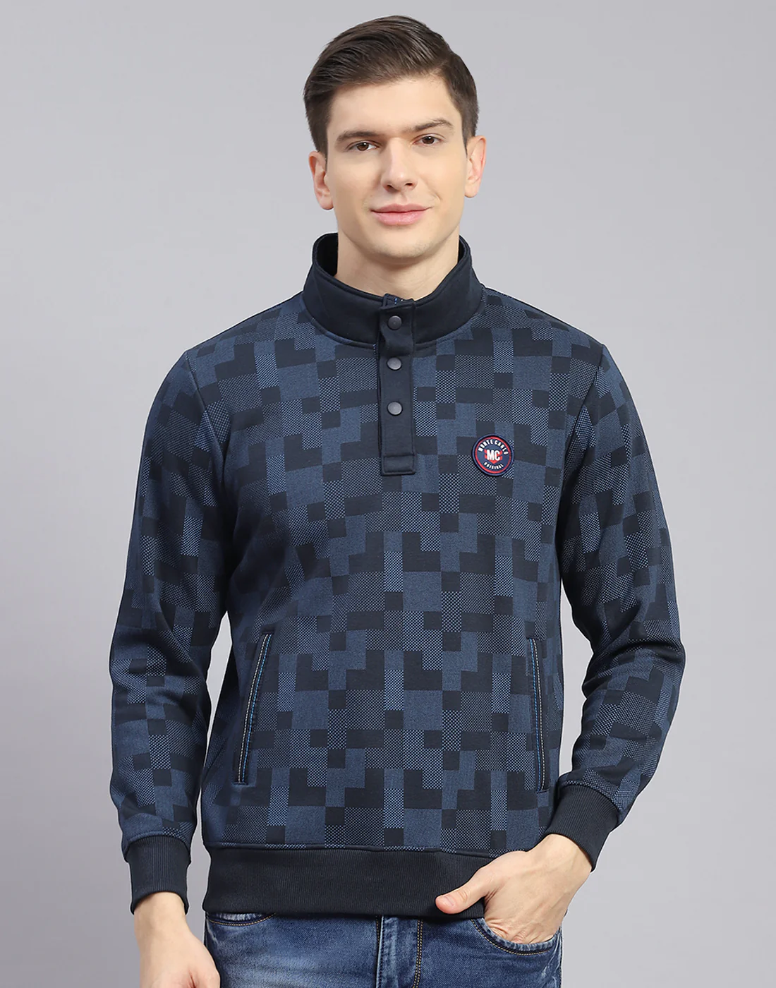 Men Teal Blue Printed T Neck Full Sleeve Sweatshirt - Image 3