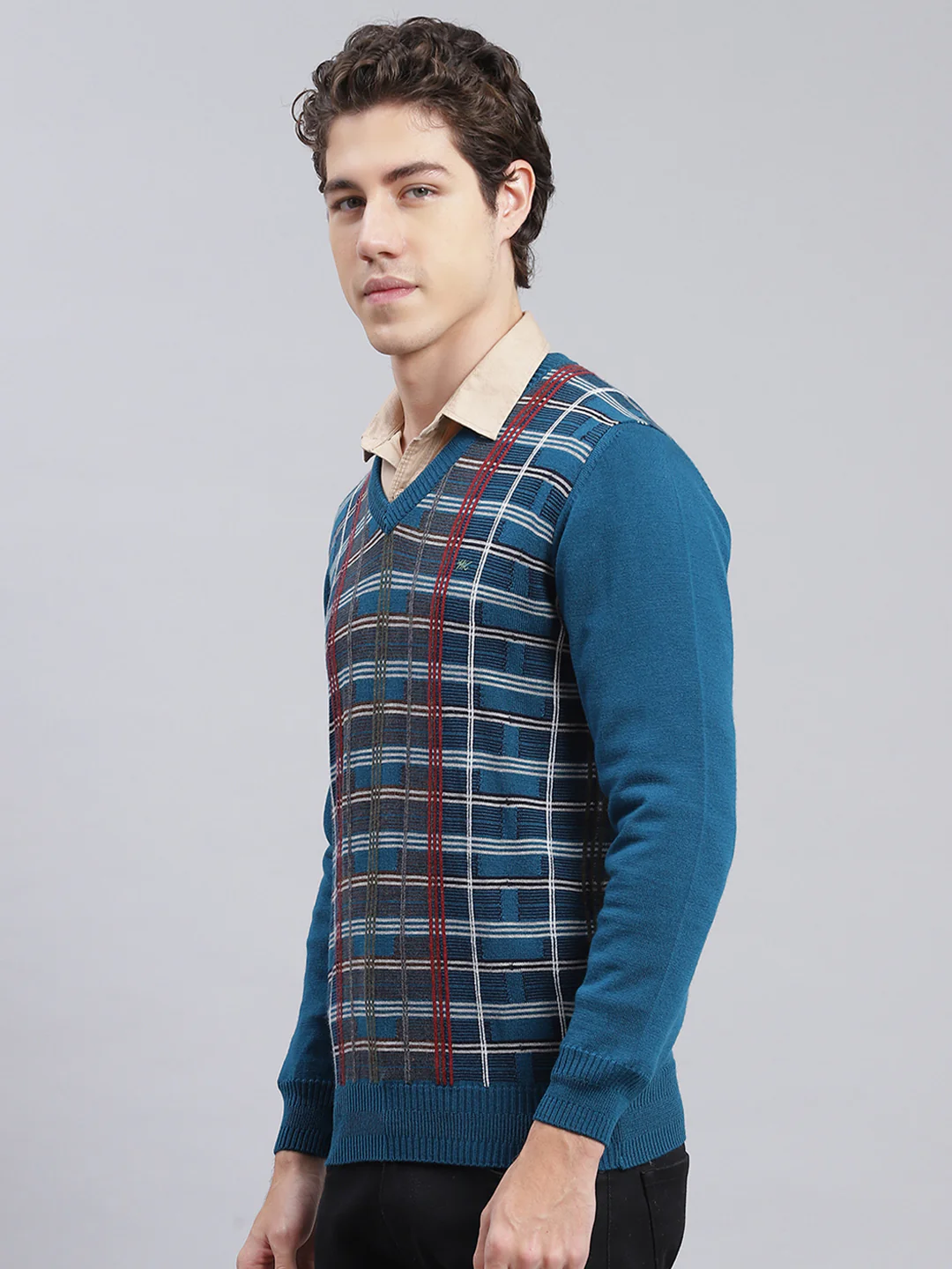 Men Teal Blue Printed Wool blend Pullover - Image 3