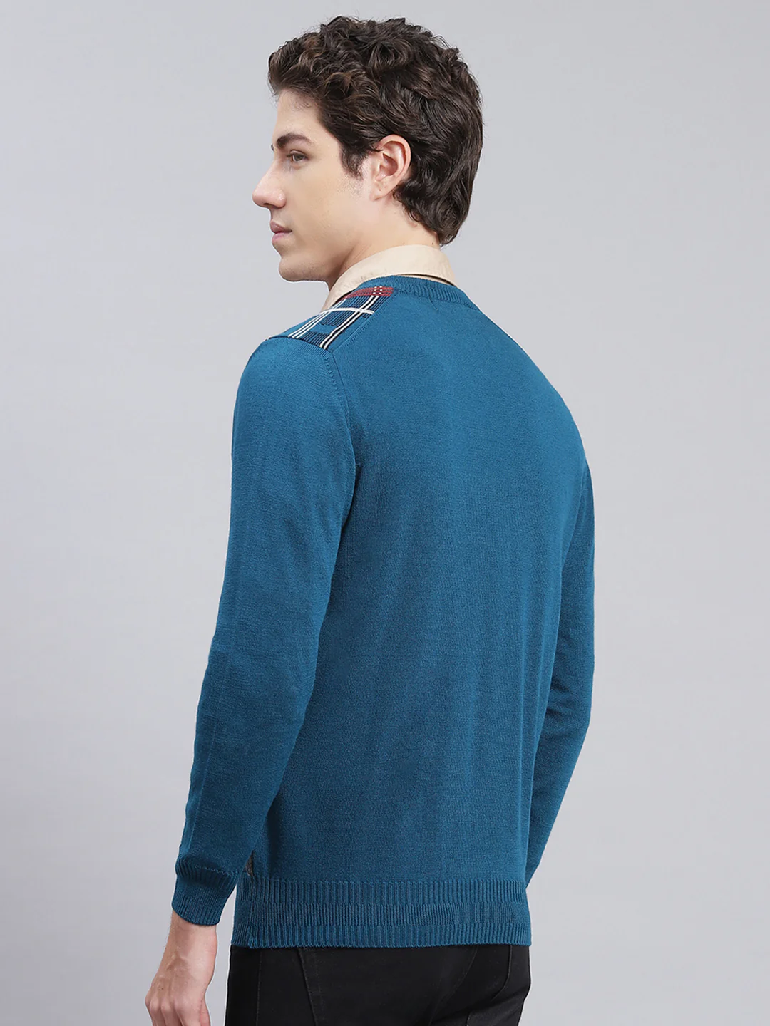 Men Teal Blue Printed Wool blend Pullover - Image 4