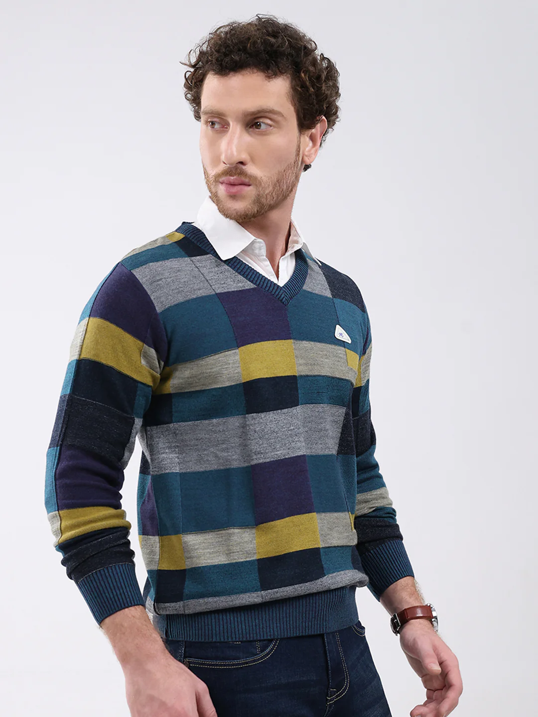 Men Teal Blue Self Design V Neck Full Sleeve Pullover - Image 4