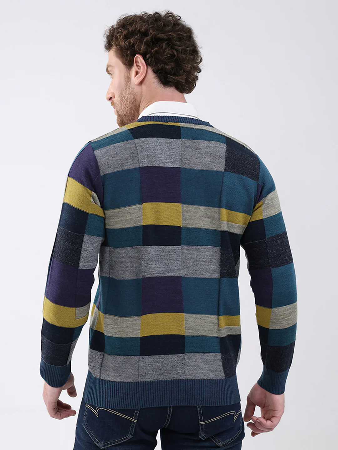 Men Teal Blue Self Design V Neck Full Sleeve Pullover - Image 5