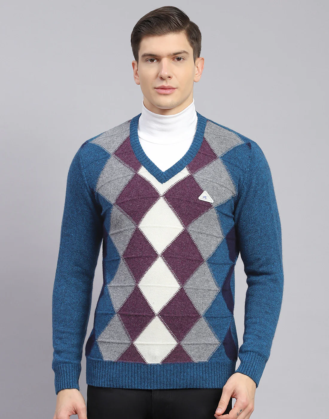 Men Teal Blue Self Design V Neck Full Sleeve Sweater - Image 4