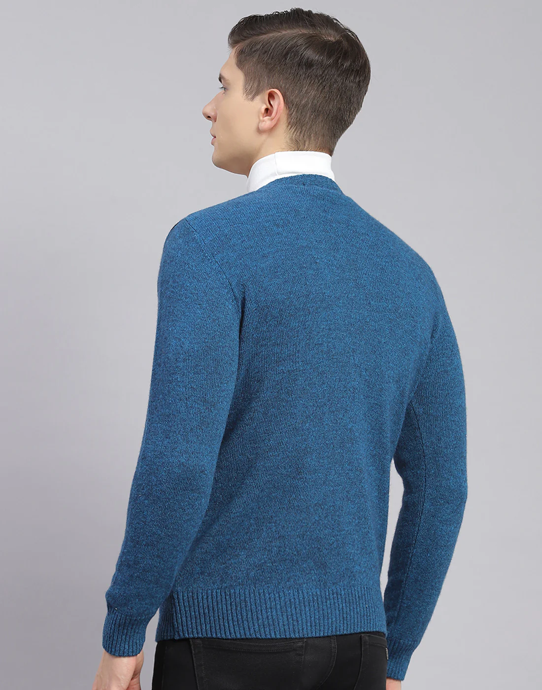 Men Teal Blue Self Design V Neck Full Sleeve Sweater - Image 7