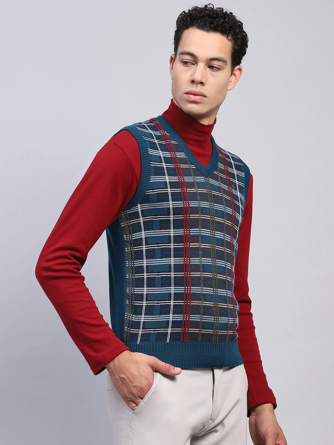 Men Teal Blue Self Design V Neck Sleeveless Sweater - Image 4