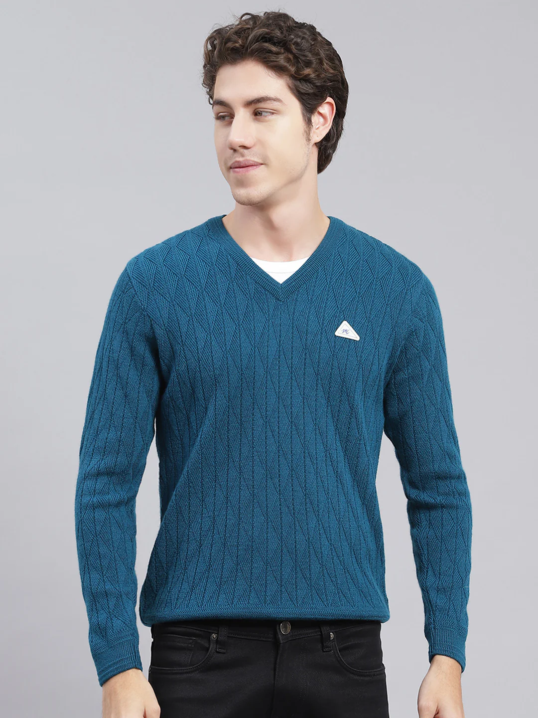 Men Teal Blue Self Design Wool blend Pullover - Image 2