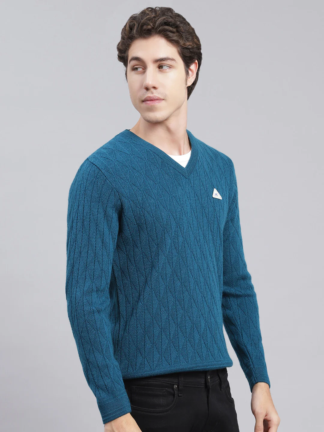 Men Teal Blue Self Design Wool blend Pullover - Image 3