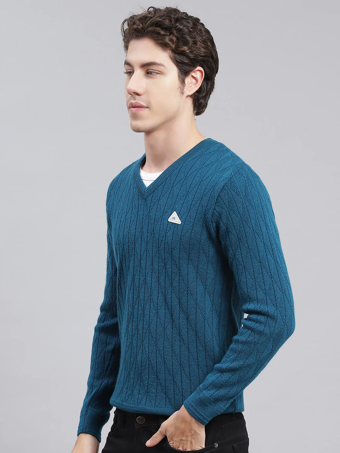 Men Teal Blue Self Design Wool blend Pullover - Image 4