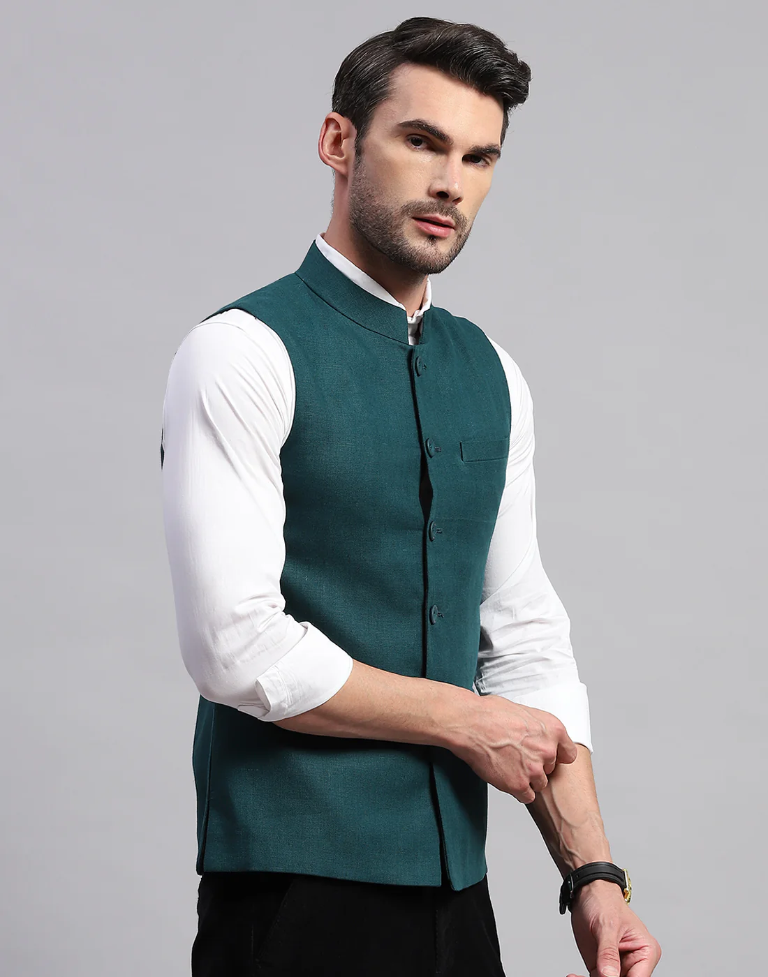Men Teal Blue Solid Band Collar Sleeveless Nehru Jacket - Image 4