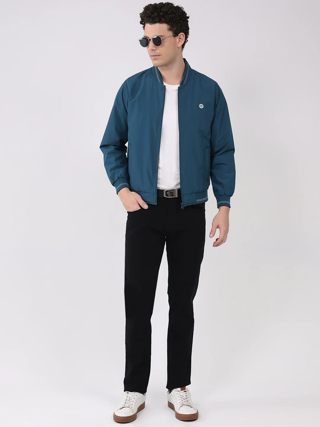 Men Teal Blue Solid Collar Full Sleeve Jacket - Image 2