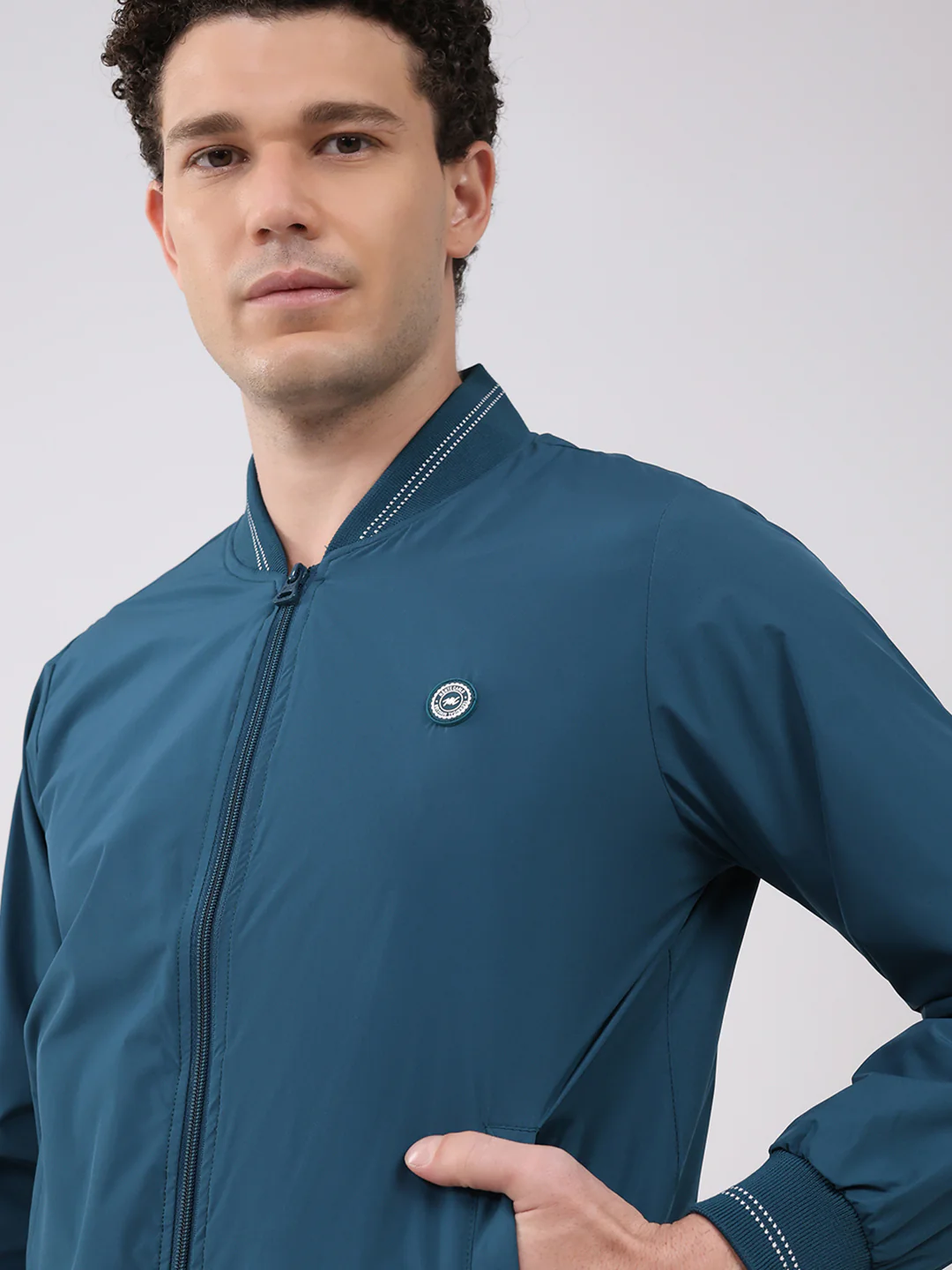 Men Teal Blue Solid Collar Full Sleeve Jacket - Image 6
