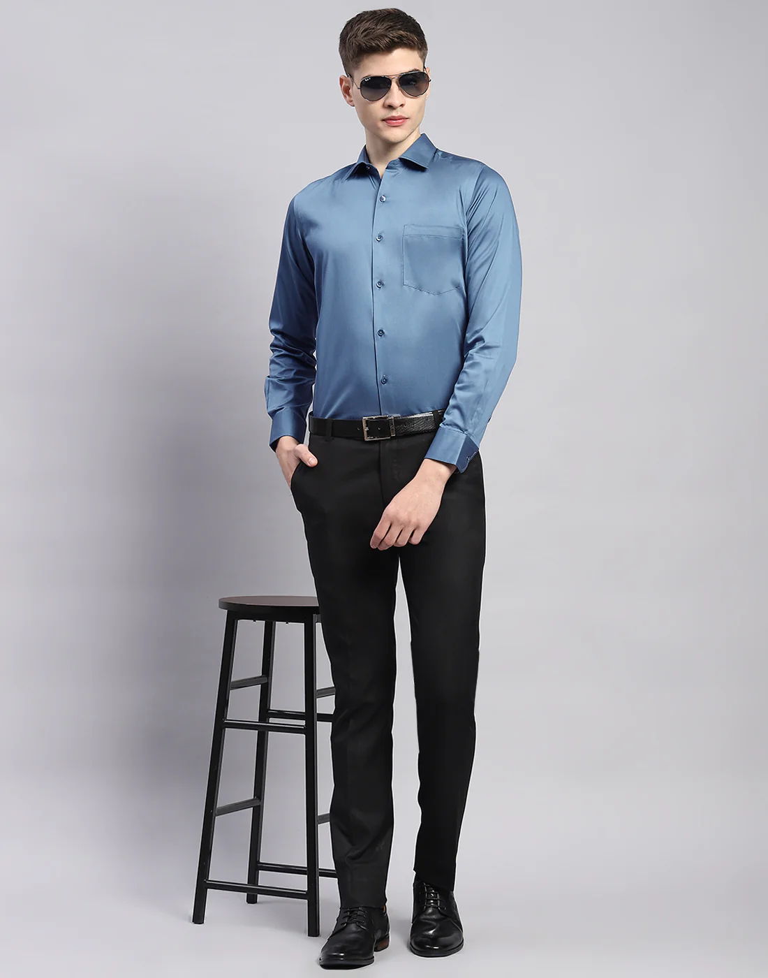 Men Teal Blue Solid Collar Full Sleeve Shirt - Image 2