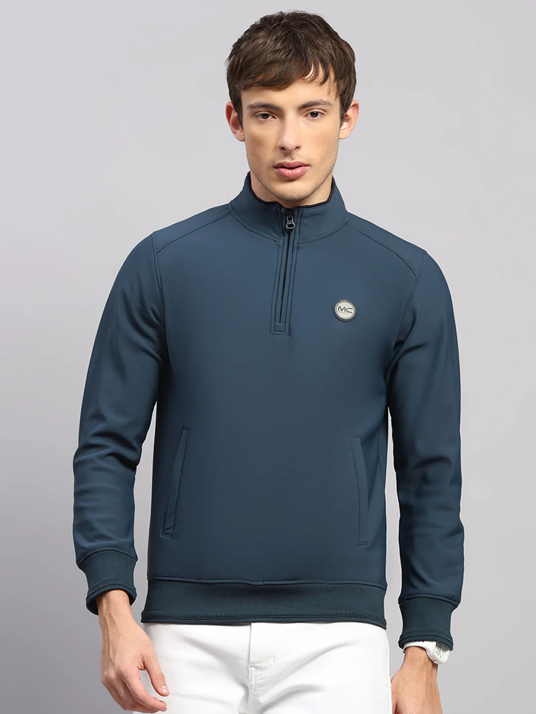 Men Teal Blue Solid Collar Full Sleeve Sweatshirt