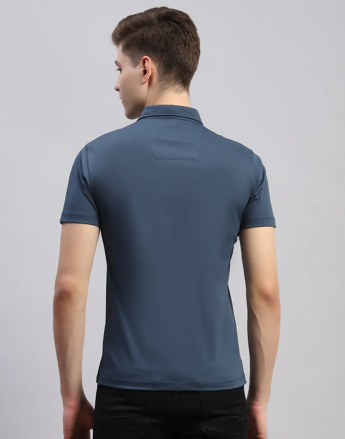 Men Teal Blue Solid Collar Half Sleeve Shirt - Image 5