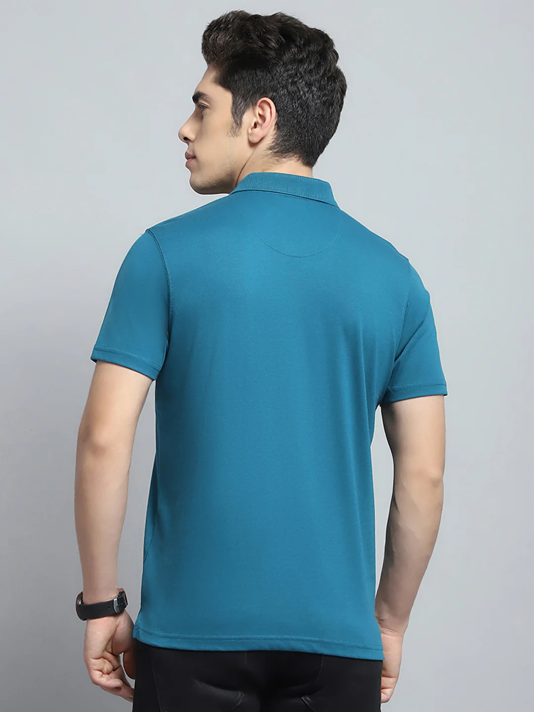 Men Teal Blue Solid Collar Half Sleeve T-Shirt - Image 5