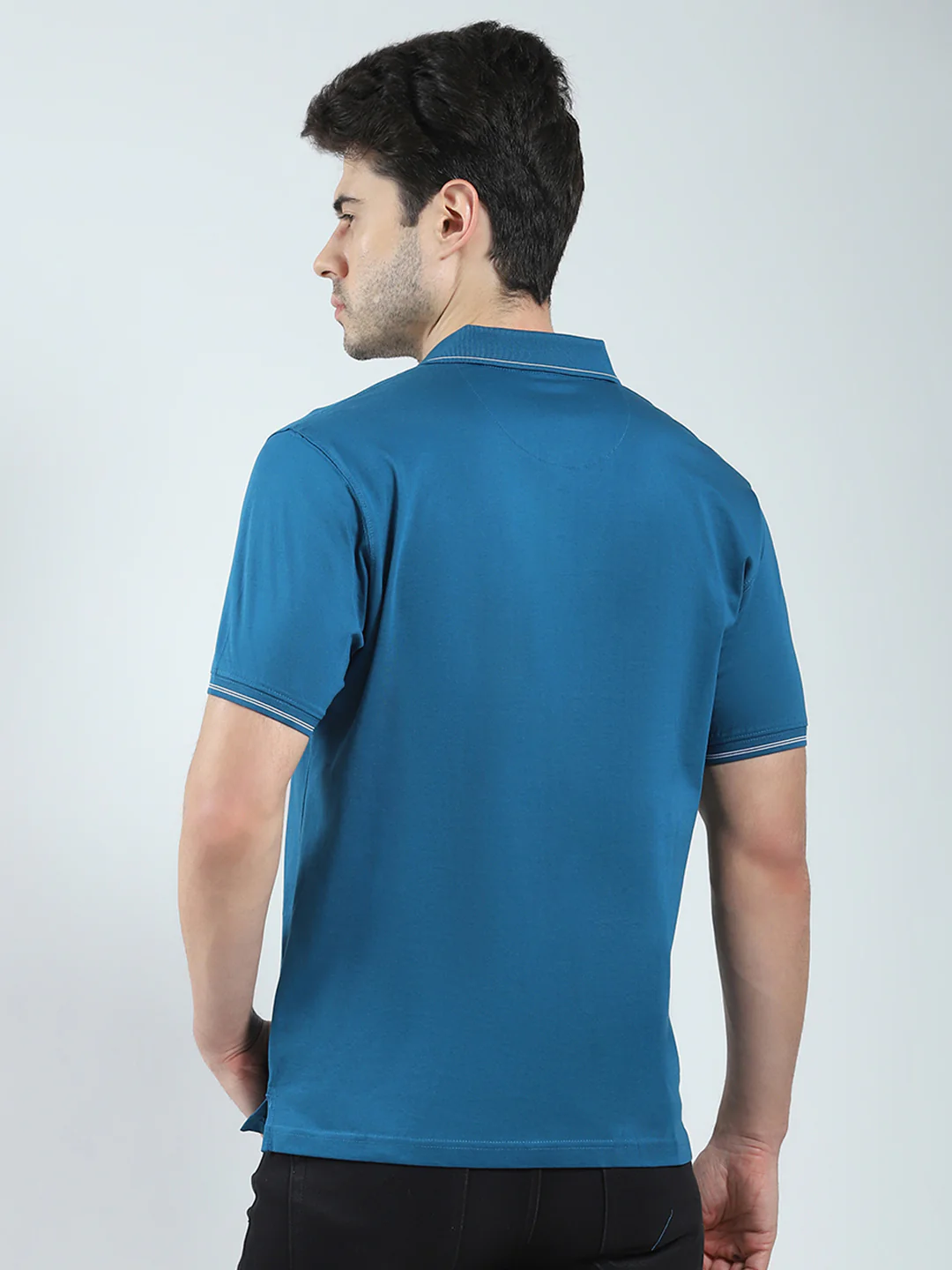 Men Teal Blue Solid Collar Half Sleeve T-Shirt - Image 5
