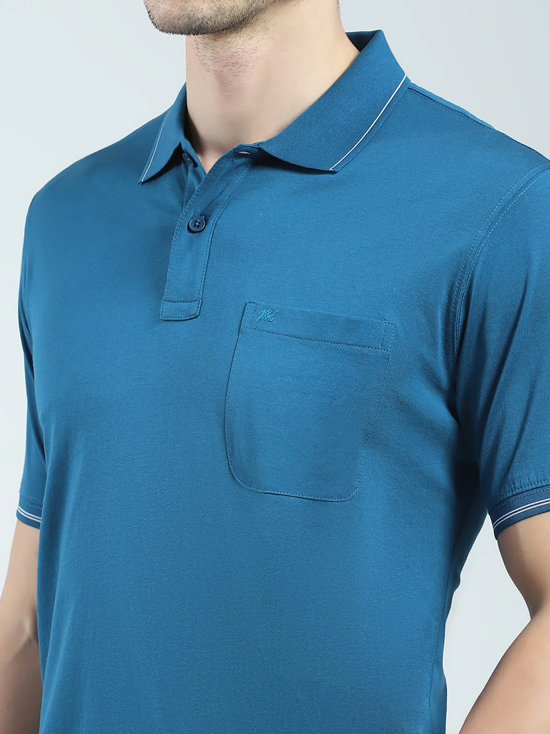 Men Teal Blue Solid Collar Half Sleeve T-Shirt - Image 6