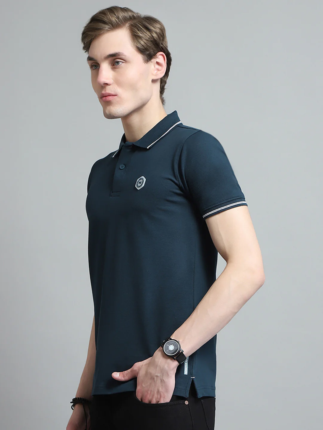 Men Teal Blue Solid Collar Half Sleeve T-Shirt - Image 3