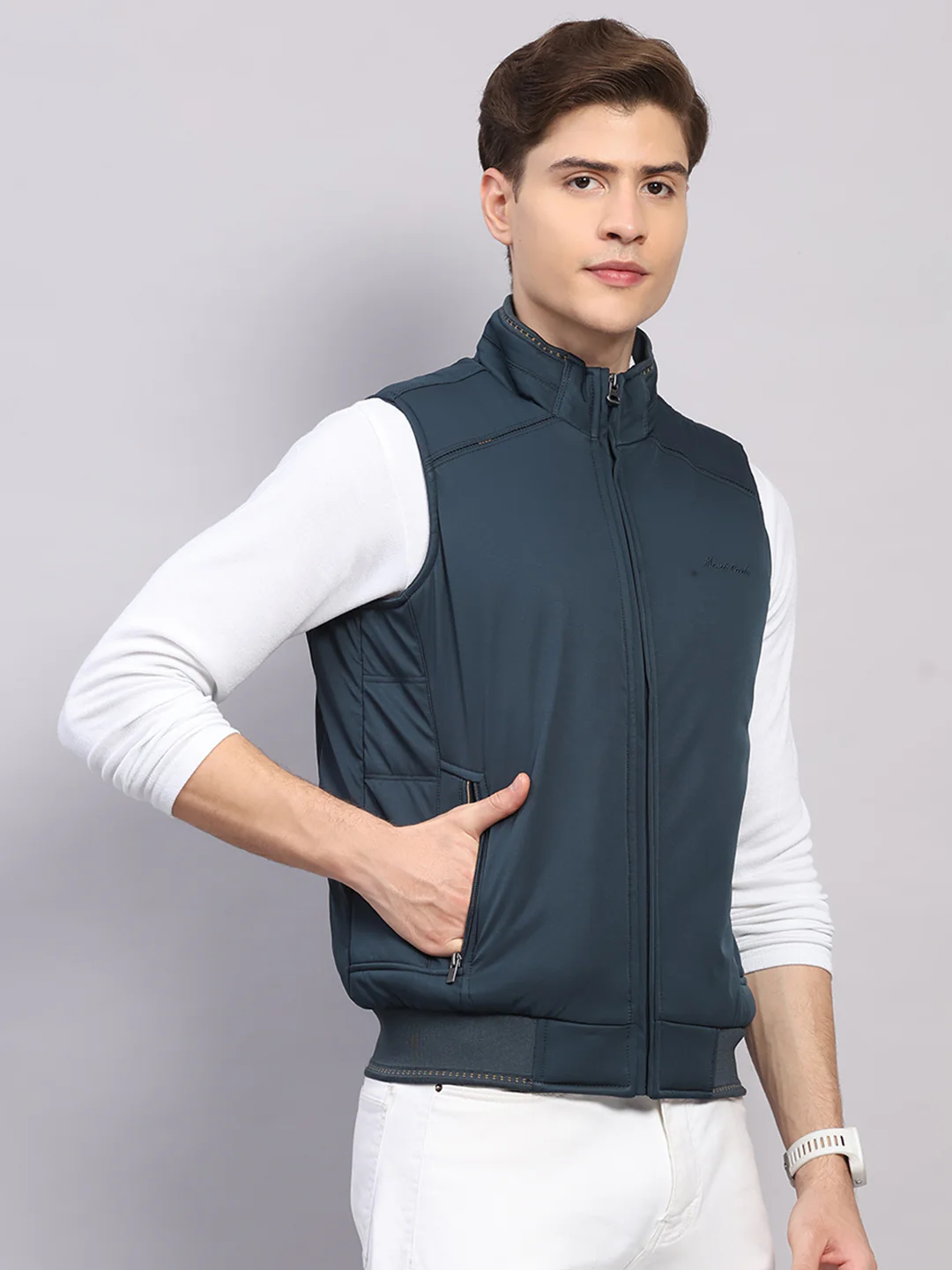 Men Teal Blue Solid Collar Sleeveless Jacket - Image 4