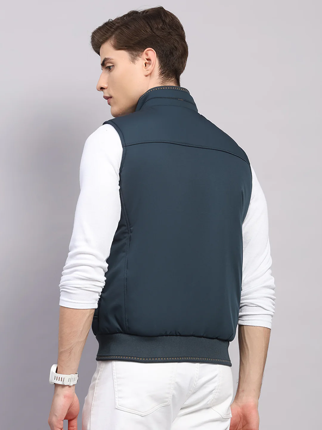 Men Teal Blue Solid Collar Sleeveless Jacket - Image 5