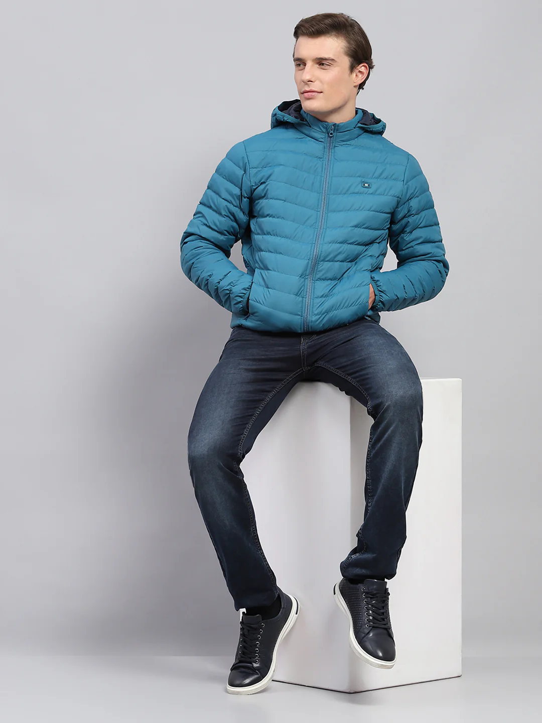 Men Teal Blue Solid Detachable Hood Full Sleeve Jacket - Image 2