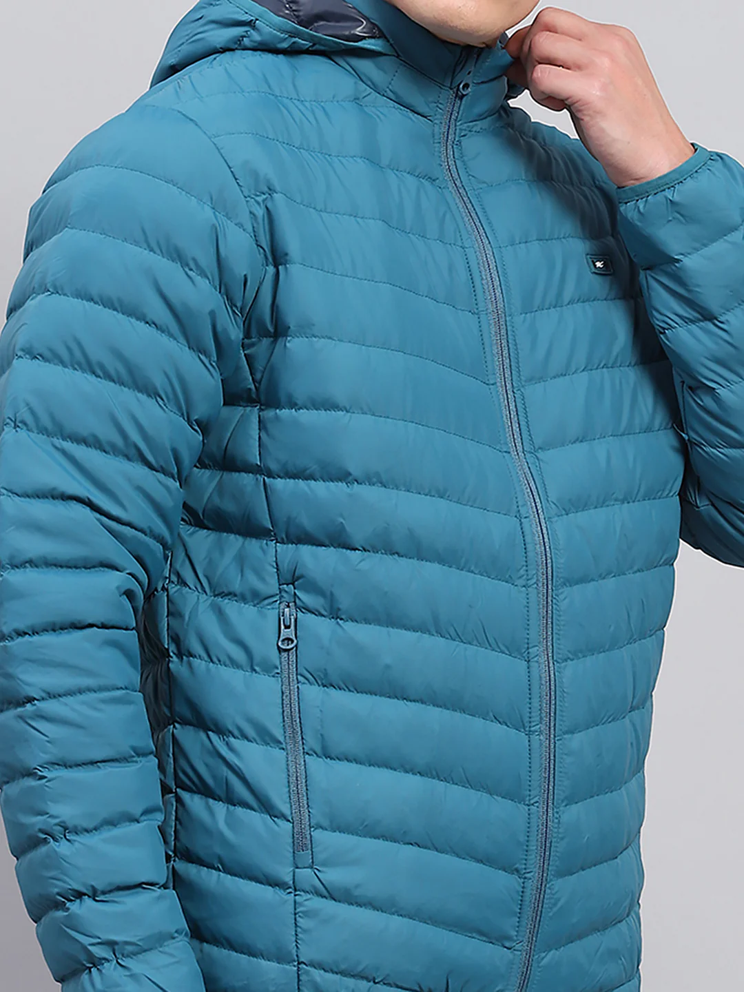 Men Teal Blue Solid Detachable Hood Full Sleeve Jacket - Image 8