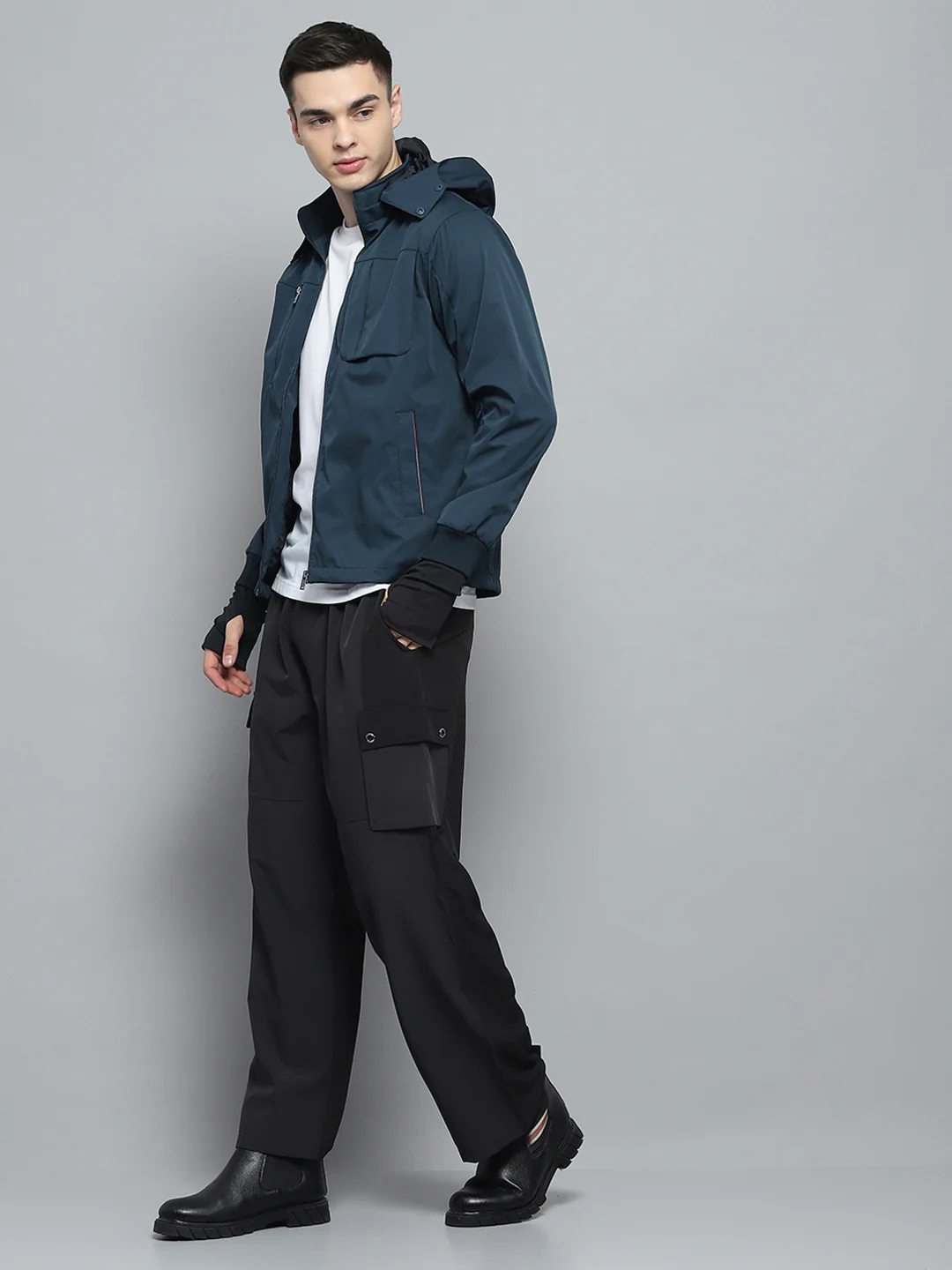 Men Teal Blue Solid Detachable Hood Full Sleeve Jacket - Image 2