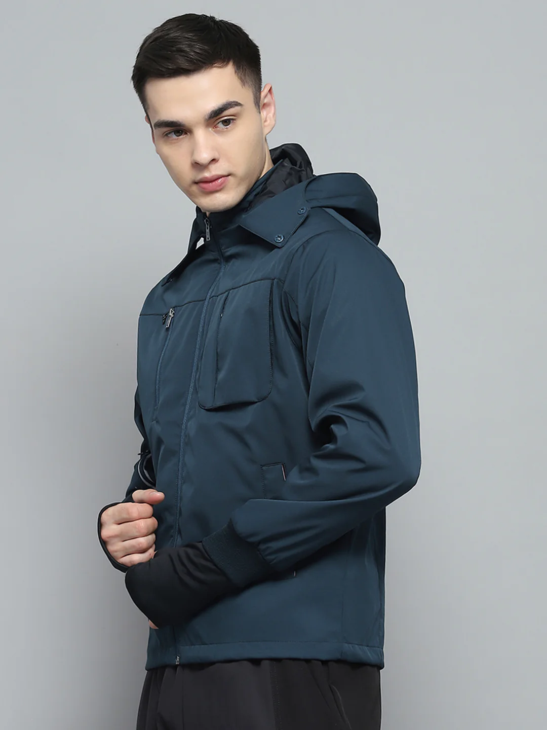 Men Teal Blue Solid Detachable Hood Full Sleeve Jacket - Image 3