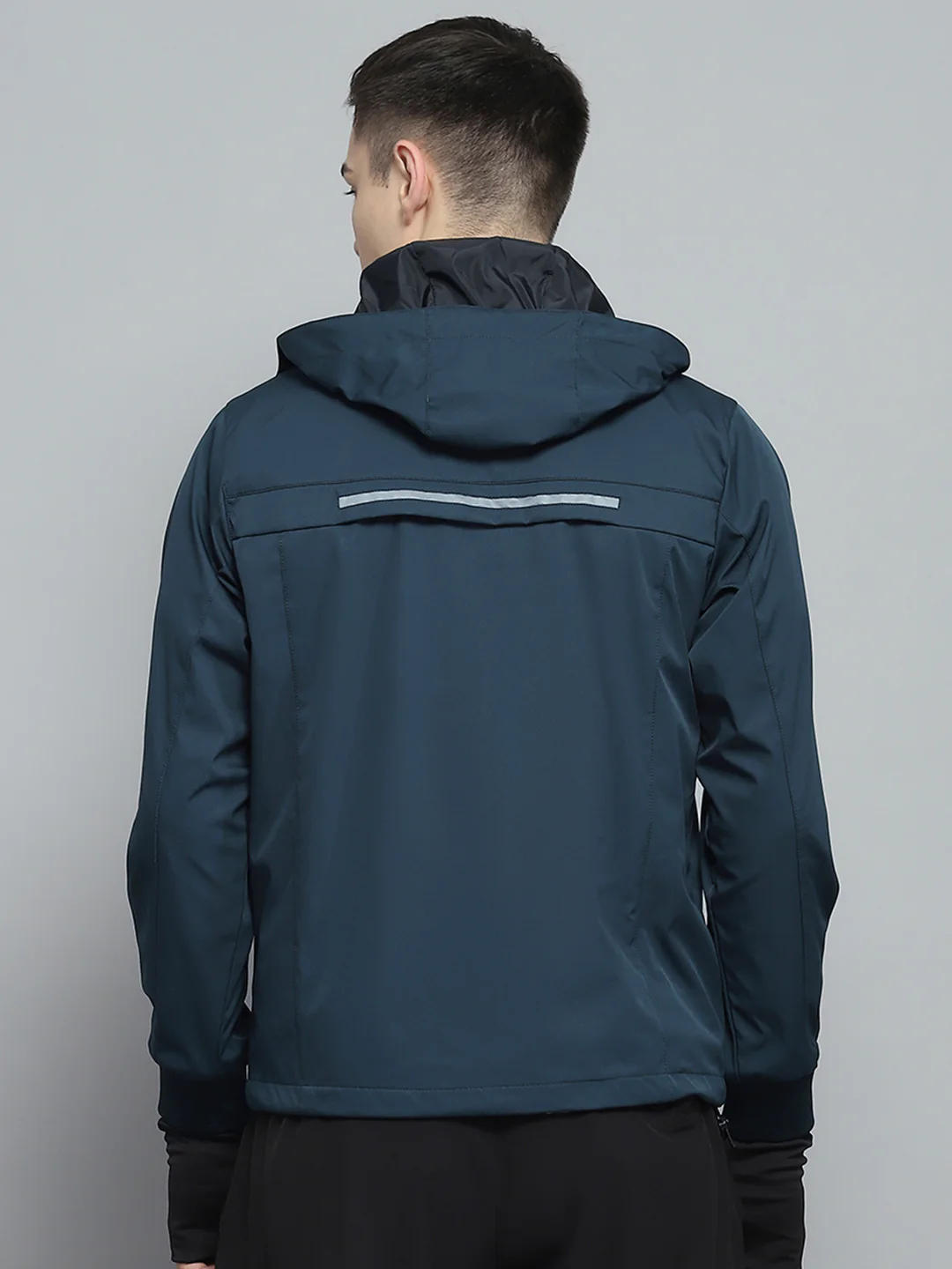 Men Teal Blue Solid Detachable Hood Full Sleeve Jacket - Image 5