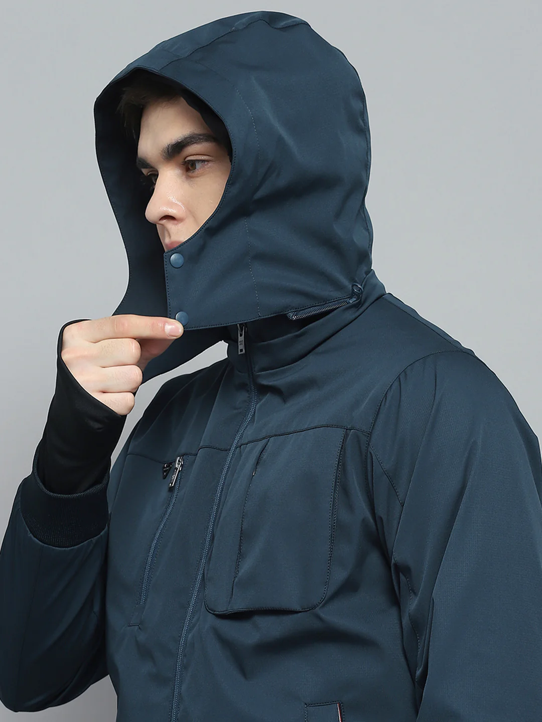 Men Teal Blue Solid Detachable Hood Full Sleeve Jacket - Image 7