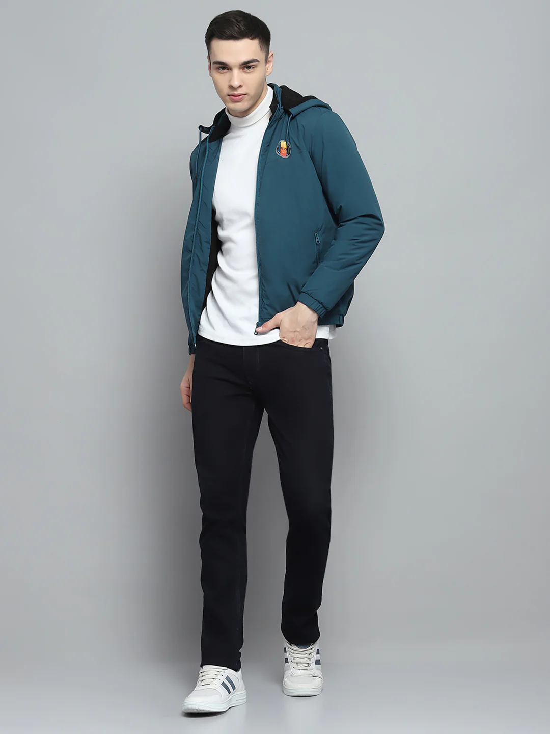 Men Teal Blue Solid Detachable Hood Full Sleeve Jacket - Image 2