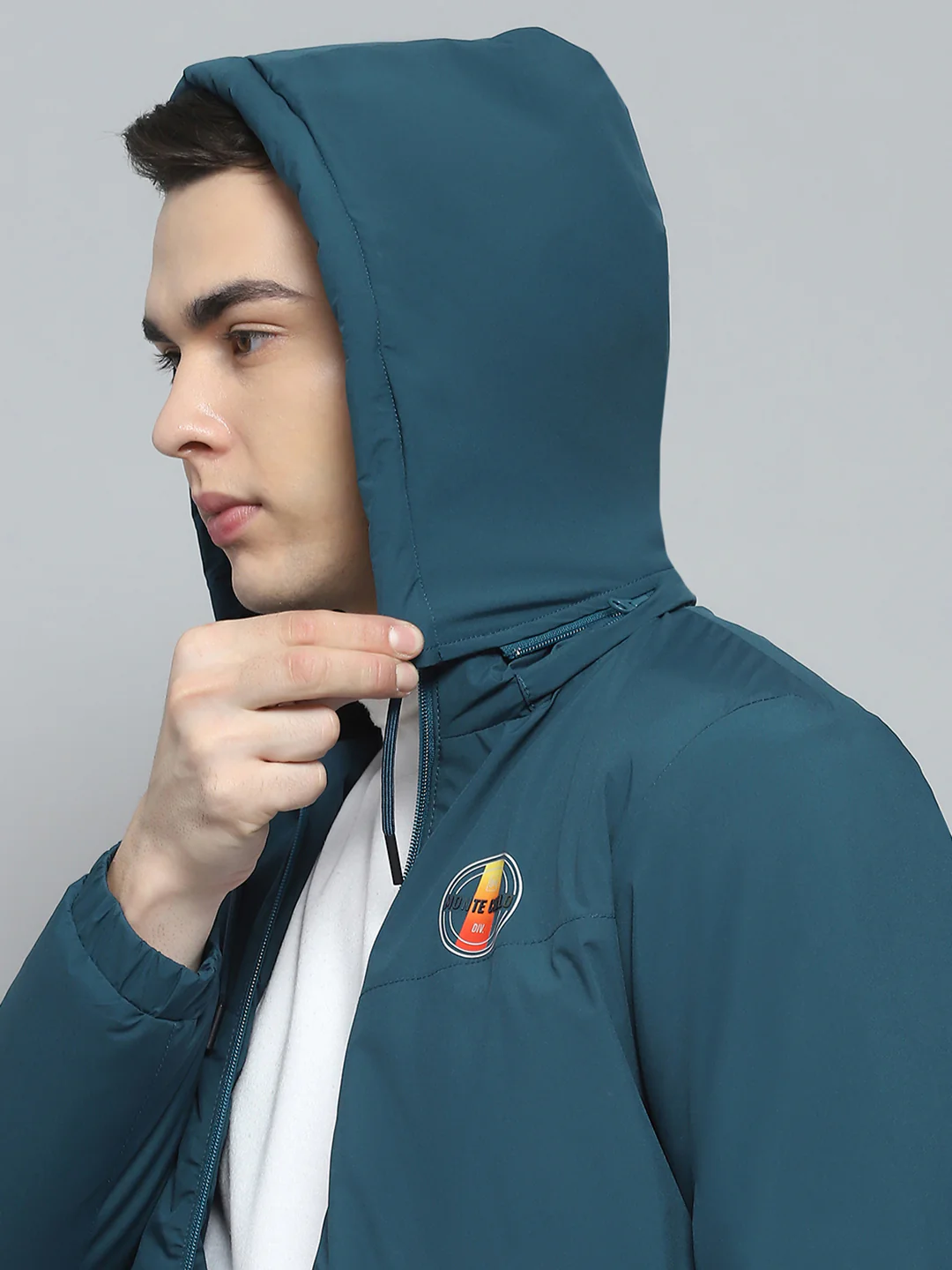 Men Teal Blue Solid Detachable Hood Full Sleeve Jacket - Image 7