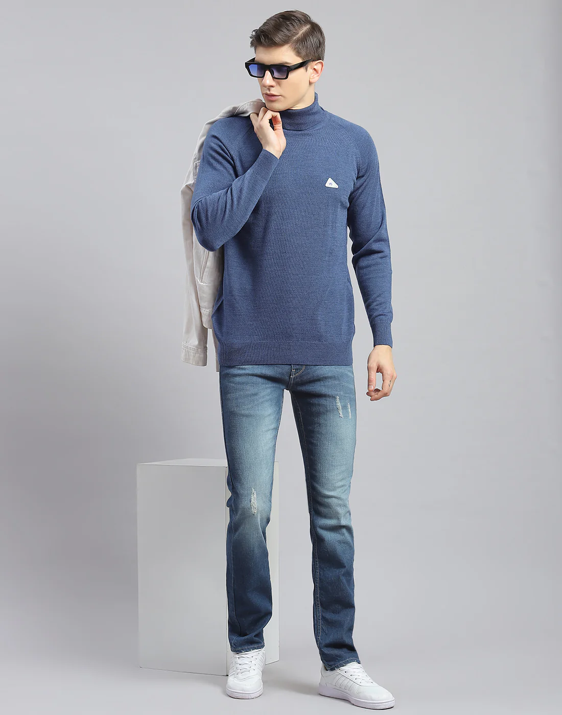 Men Teal Blue Solid High Neck Full Sleeve Pullover - Image 2