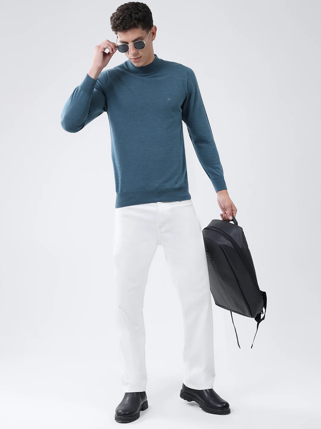 Men Teal Blue Solid High Neck Full Sleeve Pullover - Image 2