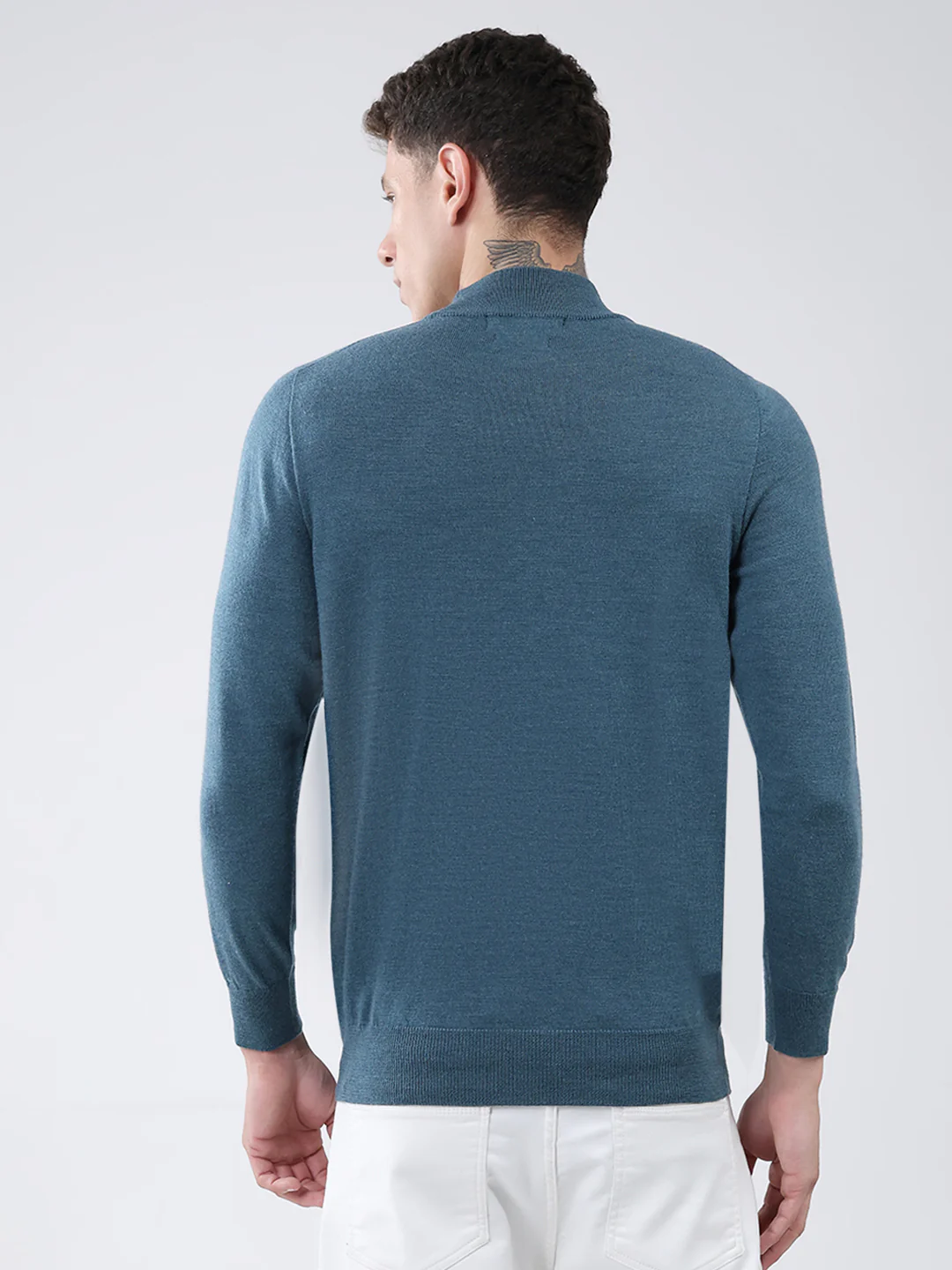 Men Teal Blue Solid High Neck Full Sleeve Pullover - Image 5