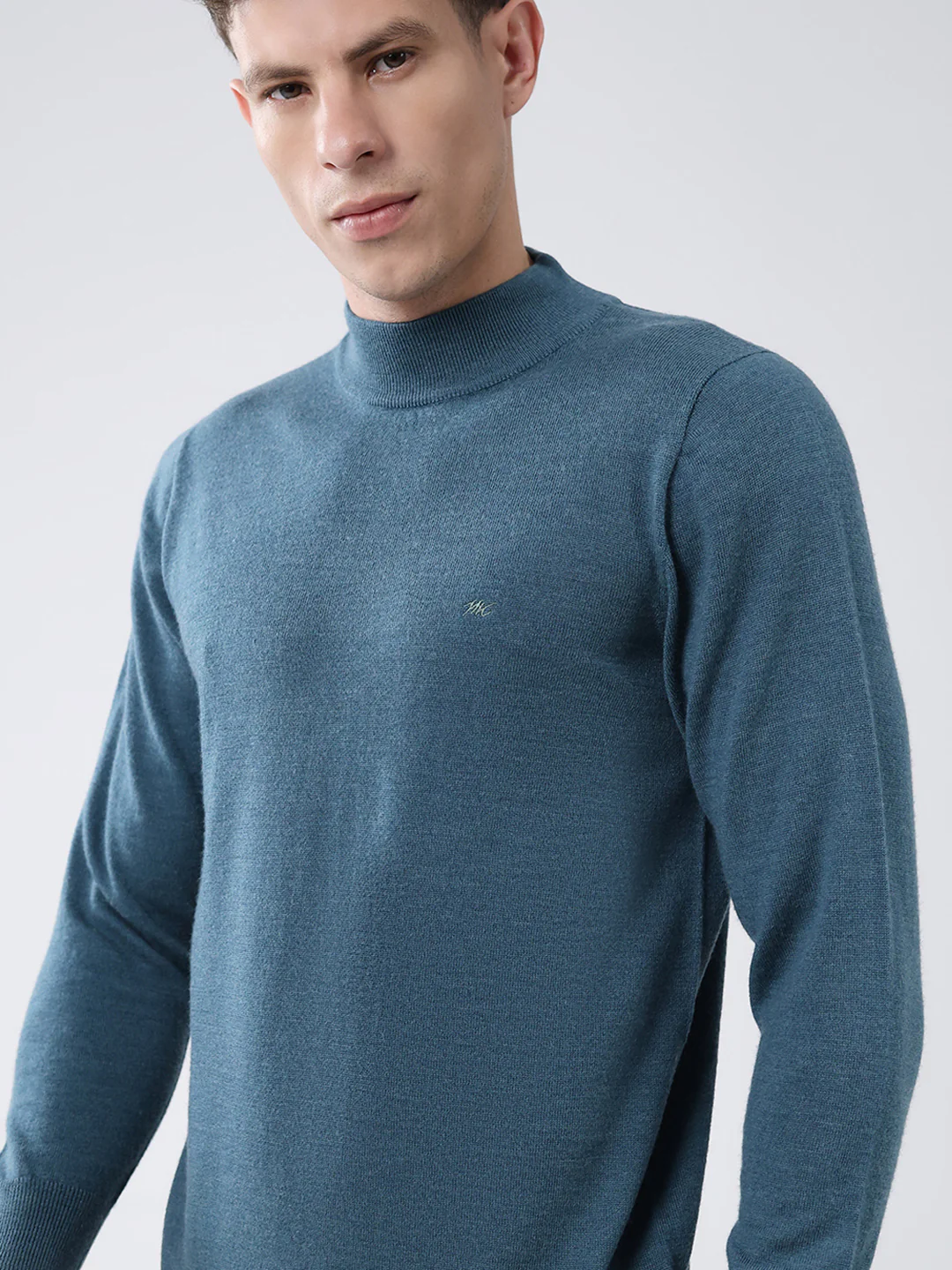 Men Teal Blue Solid High Neck Full Sleeve Pullover - Image 6