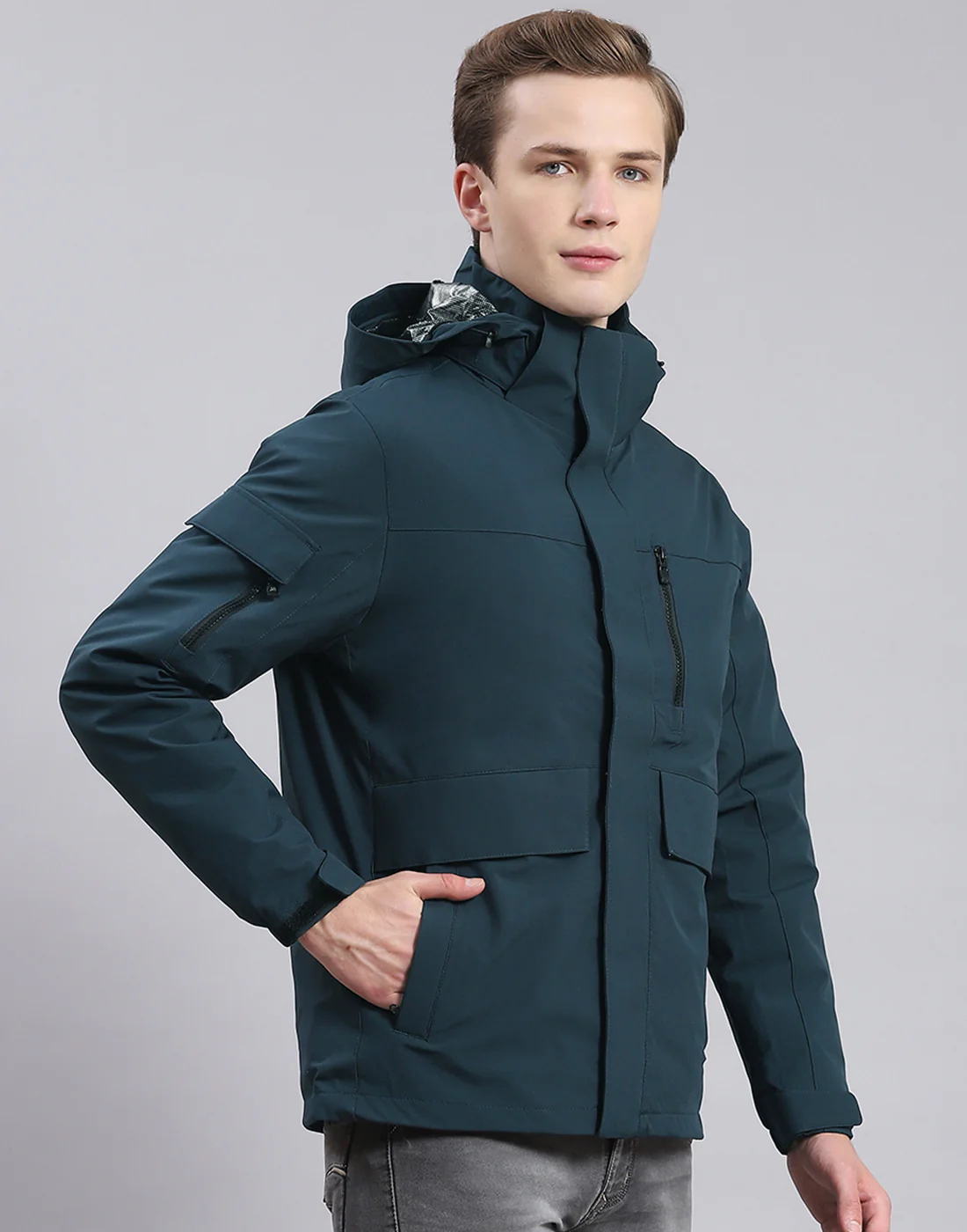 Men Teal Blue Solid Hooded Full Sleeve Jacket - Image 5