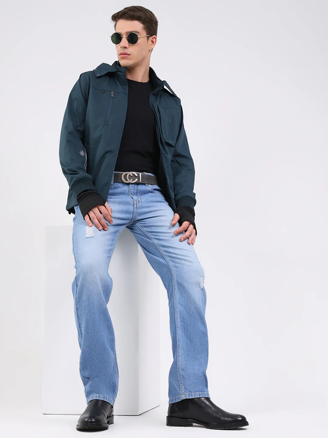 Men Teal Blue Solid Hooded Full Sleeve Jacket - Image 2