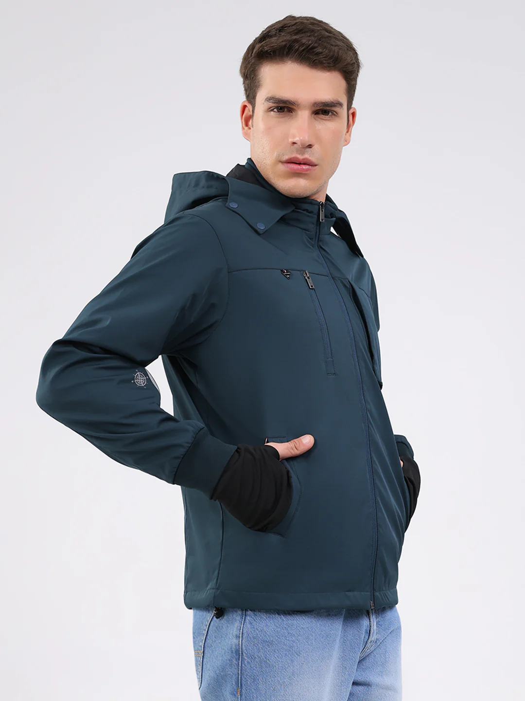 Men Teal Blue Solid Hooded Full Sleeve Jacket - Image 4