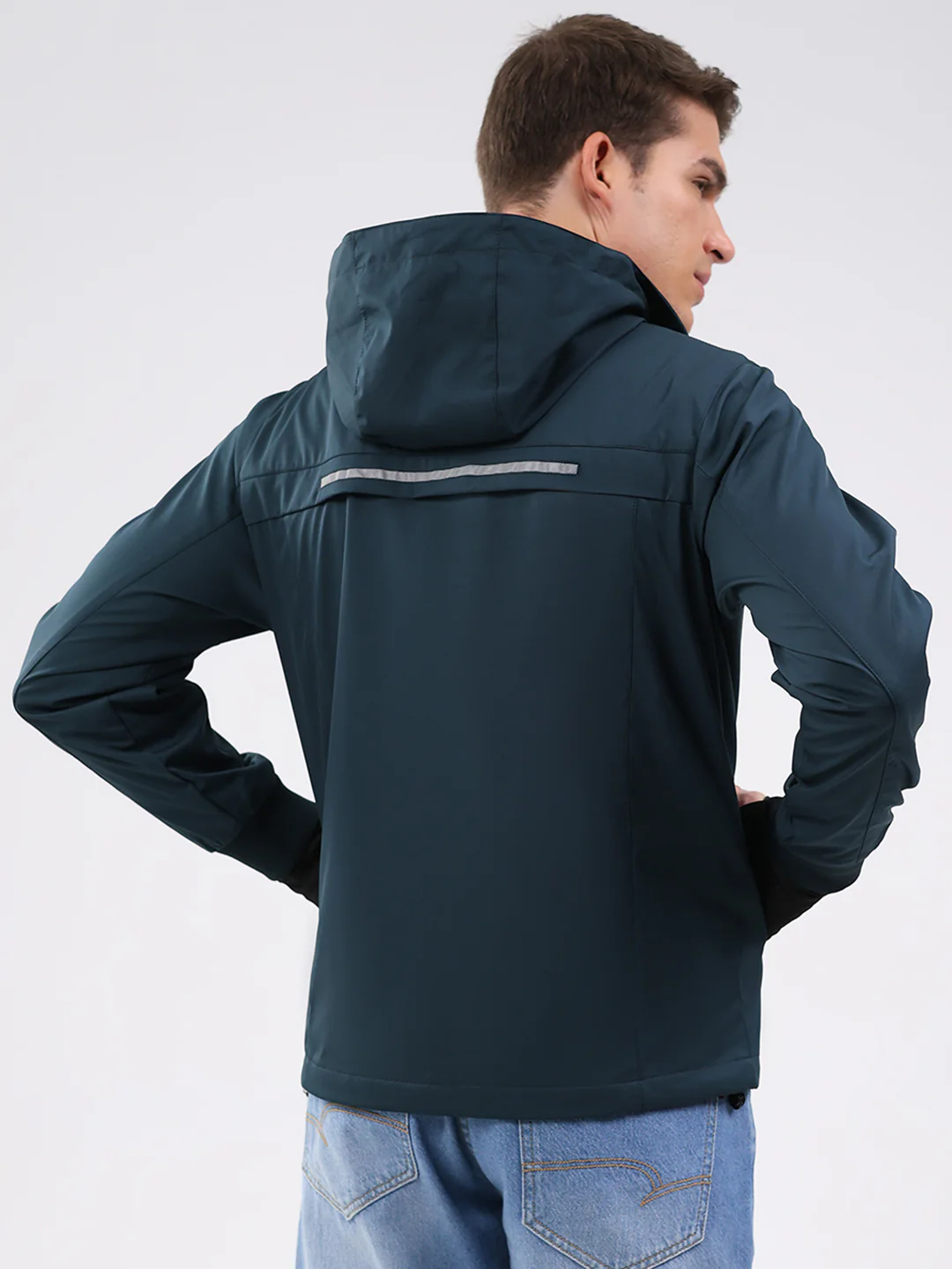 Men Teal Blue Solid Hooded Full Sleeve Jacket - Image 5
