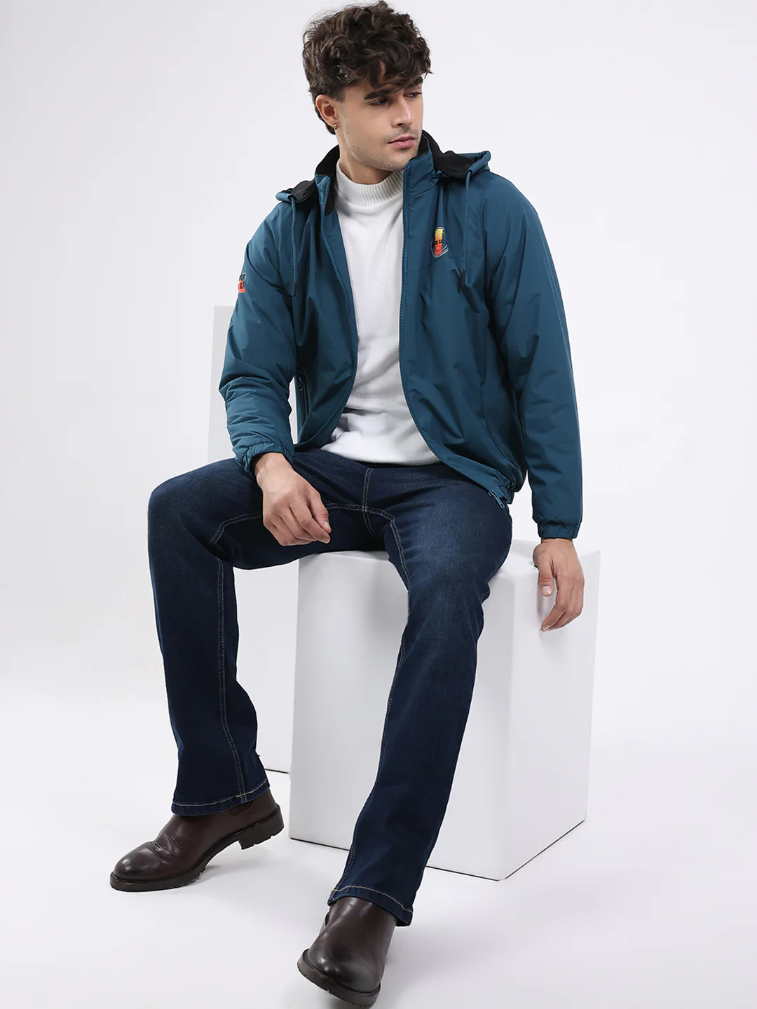 Men Teal Blue Solid Hooded Full Sleeve Jacket - Image 2