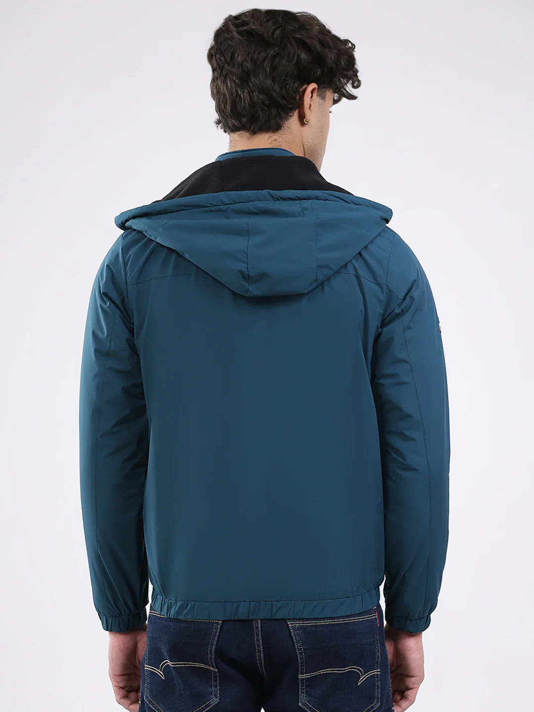 Men Teal Blue Solid Hooded Full Sleeve Jacket - Image 5