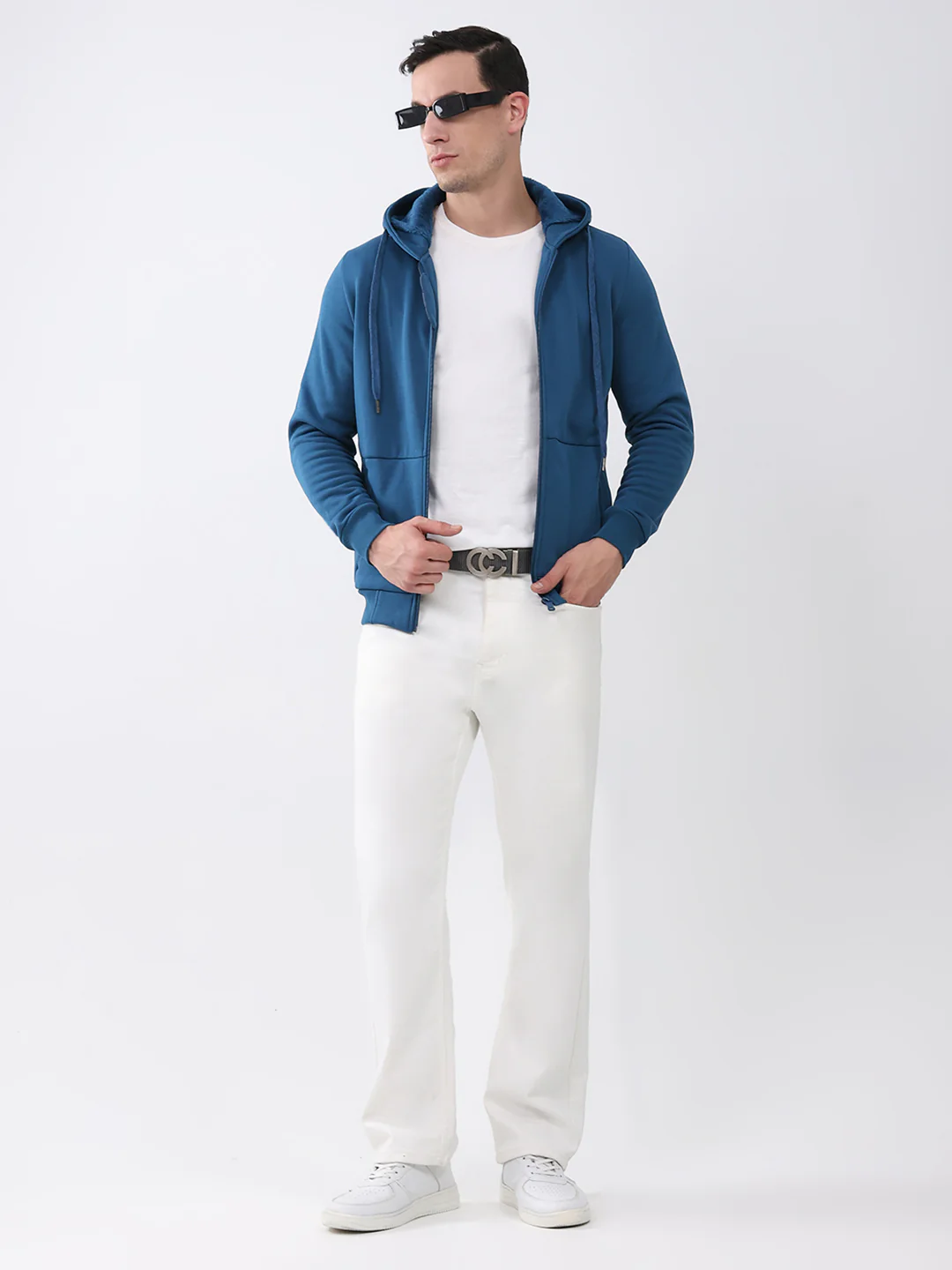 Men Teal Blue Solid Hooded Full Sleeve Sweatshirt - Image 2