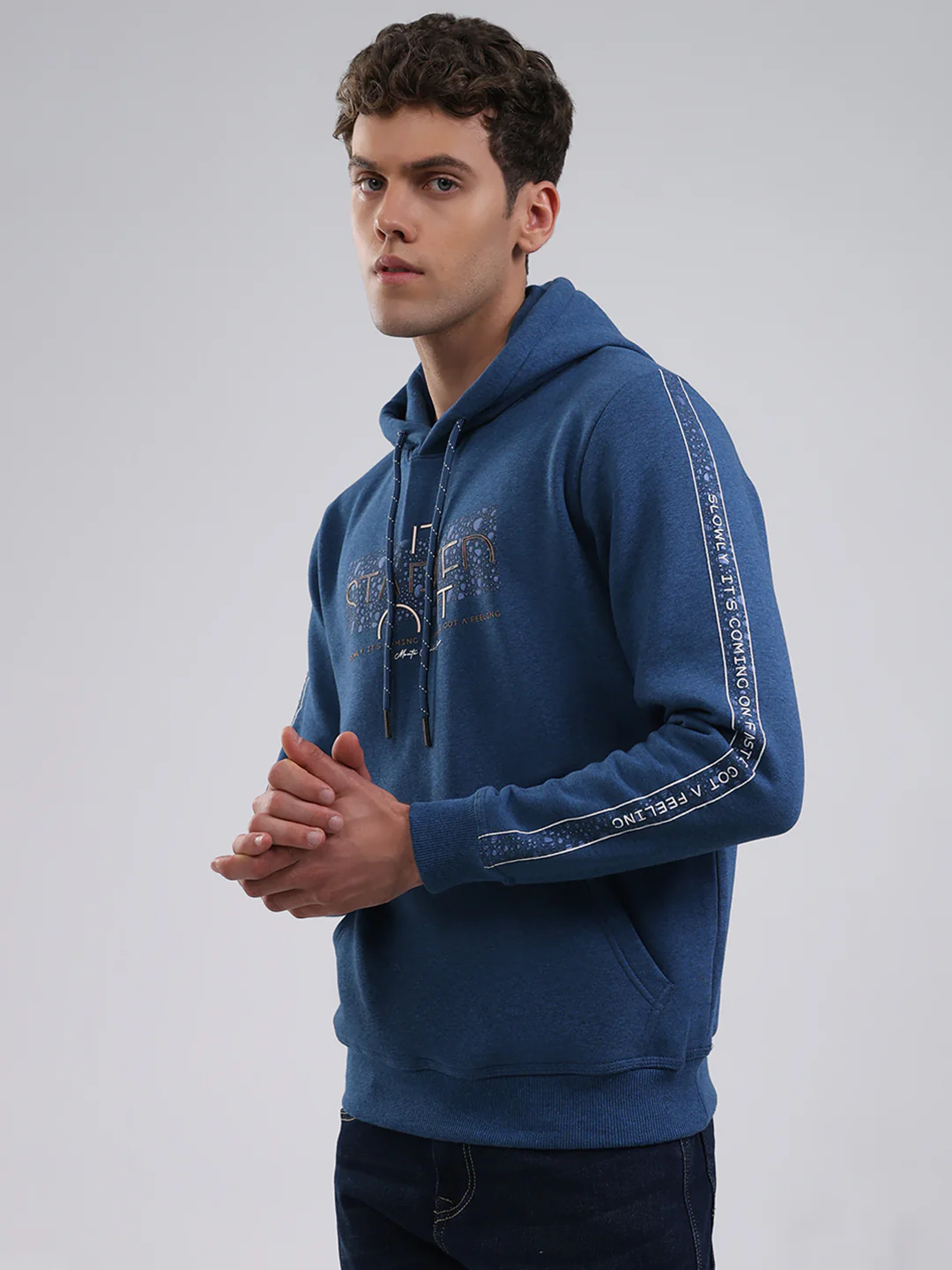 Men Teal Blue Solid Hooded Full Sleeve Sweatshirt - Image 3