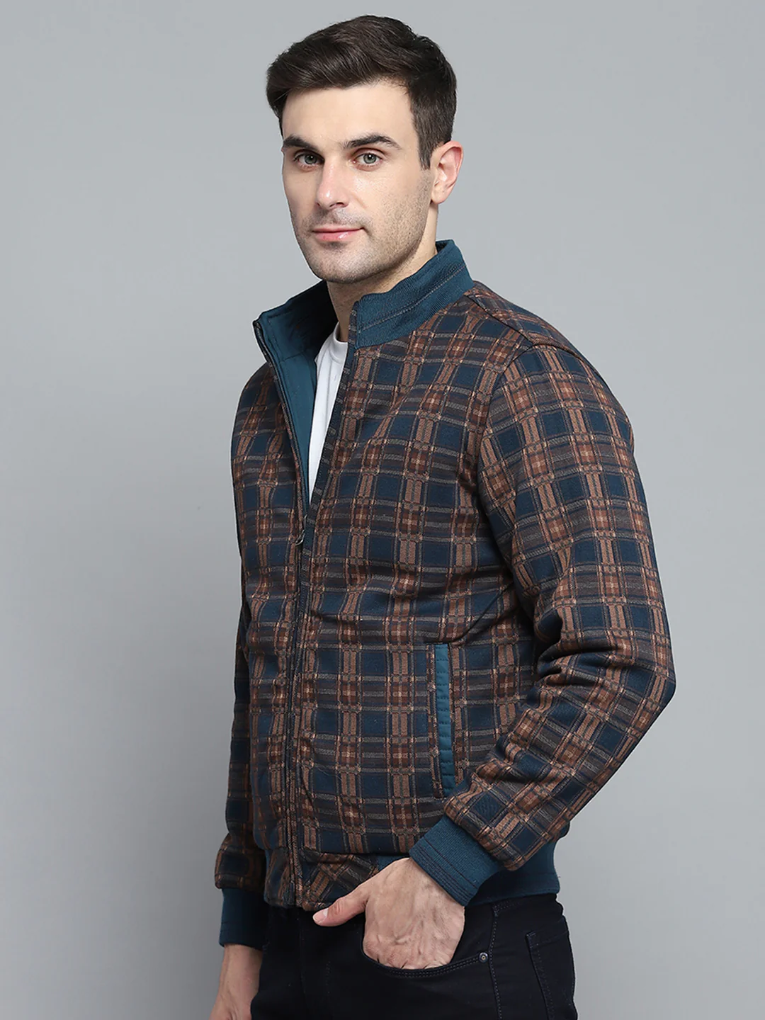 Men Teal Blue Solid Mock Neck Full Sleeve Jacket - Image 7