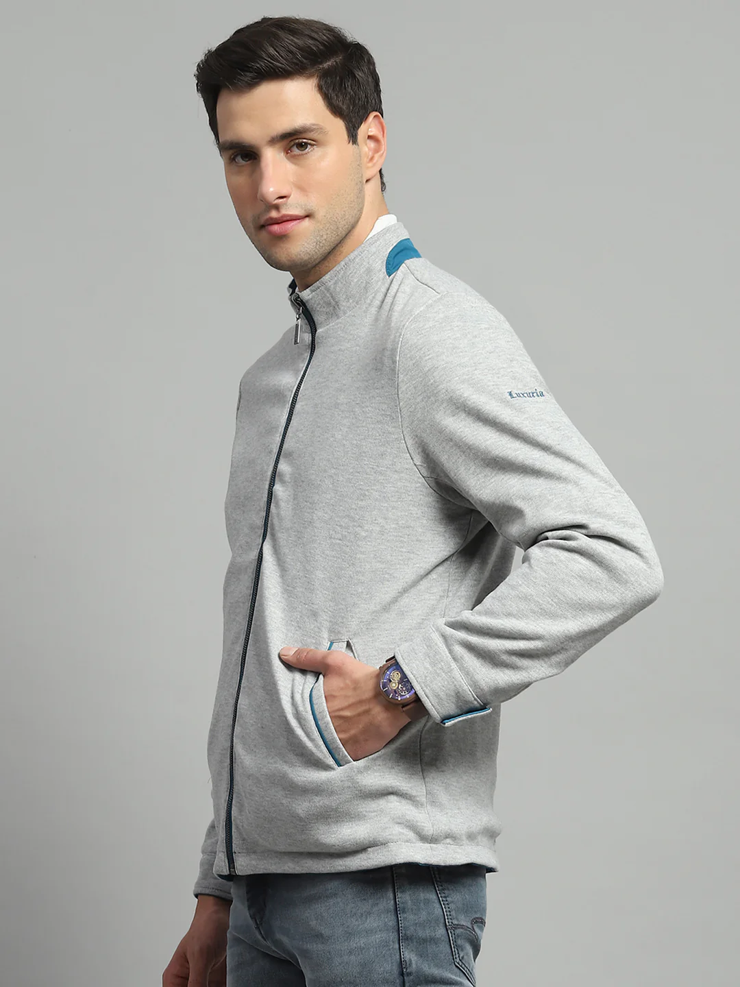 Luxuria Men Teal Blue Solid Mock Neck Full Sleeve Reversible Jacket - Image 7